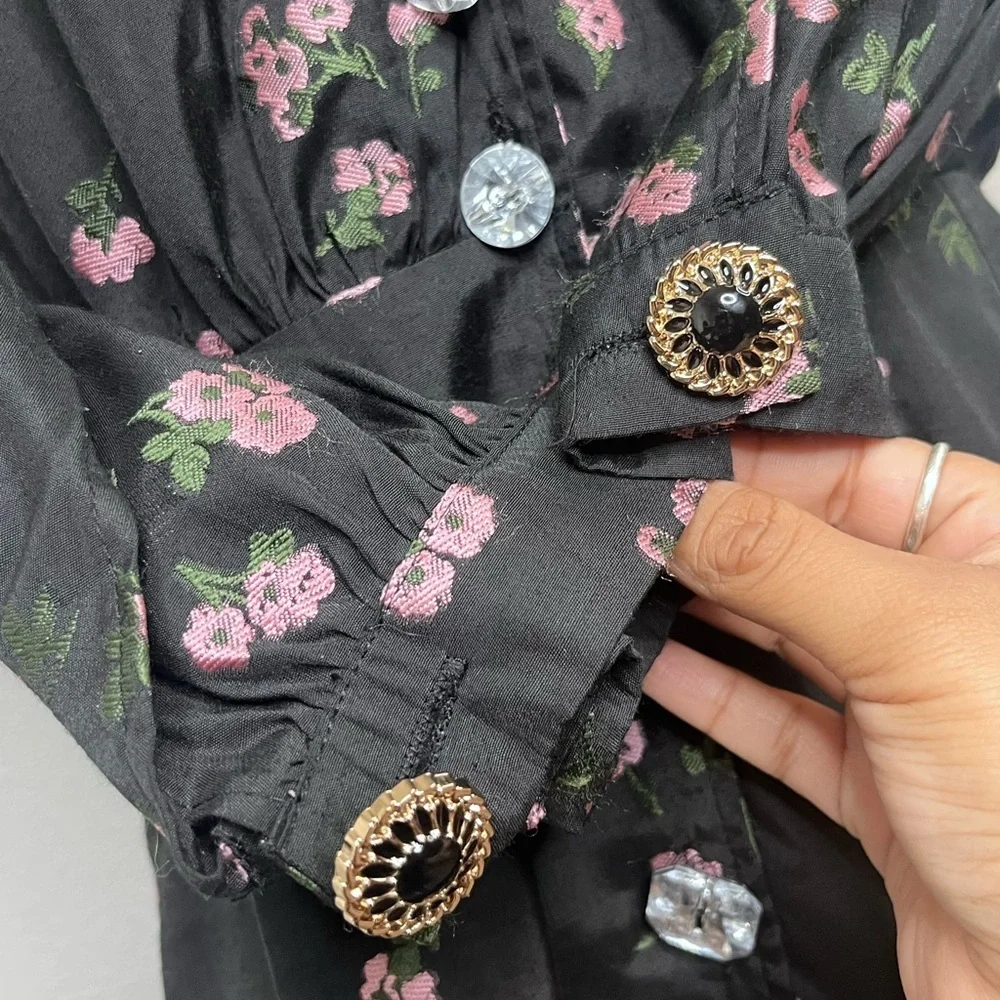 Sister Jane Puff Sleeve Collard Ink Dark Floral Sz L Goth Whimsigoth Dress - Picture 16 of 16